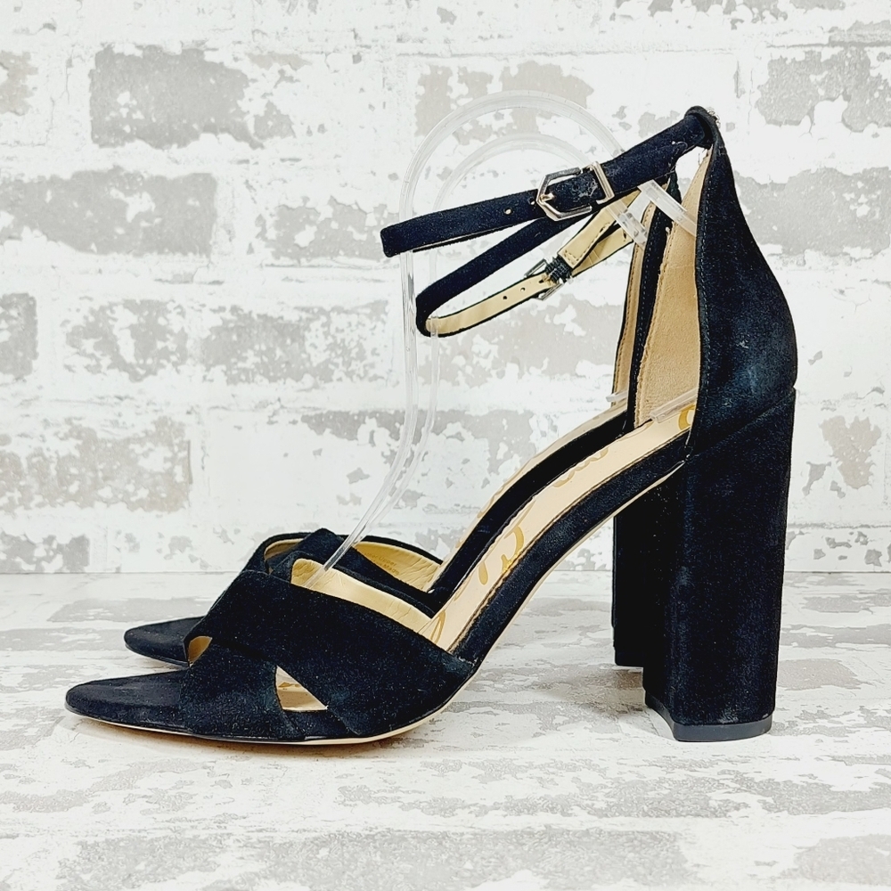 NEW Sam Edelman Yancy Black Suede Open Toe Ankle Strap Heels H644